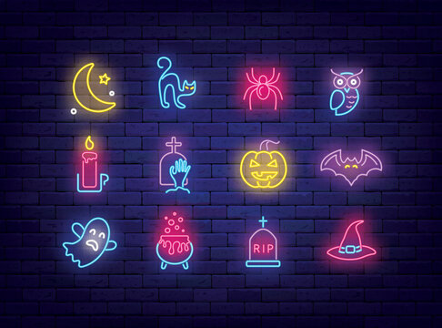 Halloween neon icons collection. Pumpkin, owl and tombstone. Moon, ghost and cauldron. Vector illustration