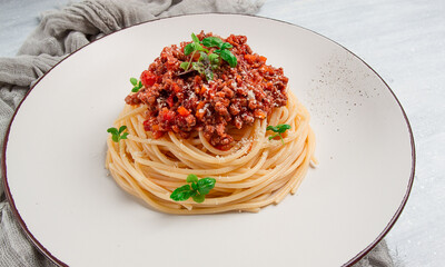 Spaghetti Bolognese, top view, close-up, no people, homemade,