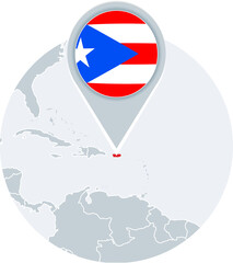 Puerto Rico map and flag, map icon with highlighted Puerto Rico
