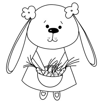 recommend clip art: cute hare with a basket of carrots illustration. Hand-drawn doodles illustration. Line art. Icon