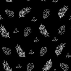 Leaves and cones, plants ,botanical ,seamless pattern design for fashion, fabric, wallpaper and all prints on black background color. Forest seamless pattern