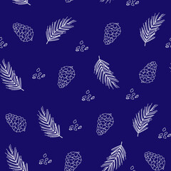 Leaves and cones, plants ,botanical ,seamless pattern design for fashion, fabric, wallpaper and all prints on blue background color. Forest seamless pattern