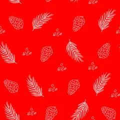 Fotobehang Leaves and cones, plants ,botanical ,seamless pattern design for fashion, fabric, wallpaper and all prints on red background color. Forest seamless pattern © VasilisaStArt