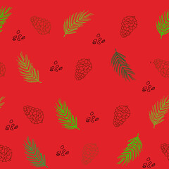 Leaves and cones, plants ,botanical ,seamless pattern design for fashion, fabric, wallpaper and all prints on red background color. Forest seamless pattern