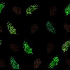 Leaves and cones, plants ,botanical ,seamless pattern design for fashion, fabric, wallpaper and all prints on black background color. Forest seamless pattern
