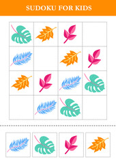 Fototapeta na wymiar Sudoku for kids with palm leaves. Educational game for preschoolers.