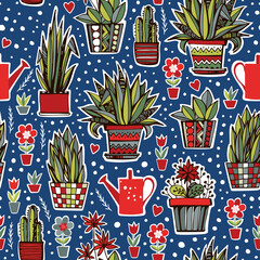 Cute seamless pattern with different houseplants in pots, watering cans, hearts and spots.