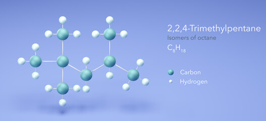 2,2,4-Trimethylpentane, molecular structures, isooctane, 3d model, Structural Chemical Formula and Atoms with Color Coding