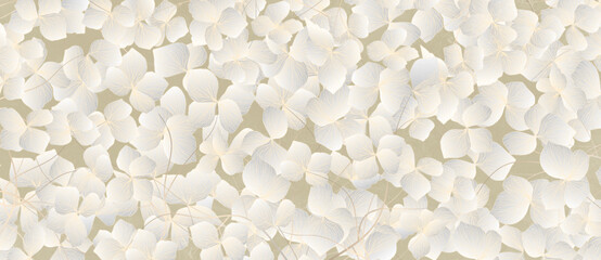 Abstract art background with a pattern of white flowers in line style. Botanical banner for decoration design, wallpaper, print, textile, packaging, interior.