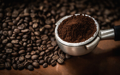 Roasted Coffee Beans and Scoop for Espresso Machine