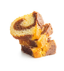 Sweet sponge cake. Bundt cake isolated on white background.