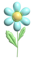 3d daisy flower in cartoon style. Cute blue chamomile. 3d rendering spring illustration. Suitable for decoration of festive decor, parties, products, banners of social networks and websites.