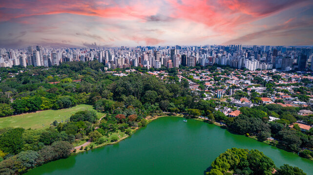 Aerial view of Ibirapuera Park in S&atilde;o Paulo, SP. Residential buildings around. Lake in Ibirapuera Park.