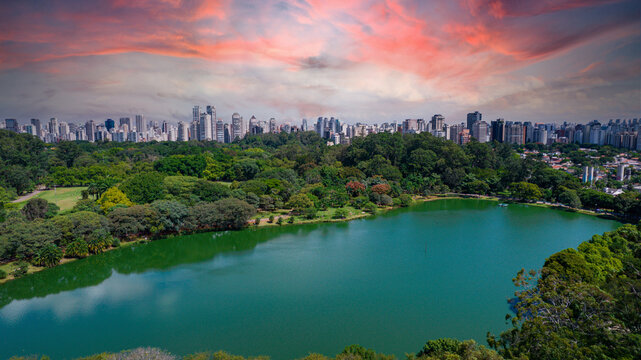 Aerial view of Ibirapuera Park in S&atilde;o Paulo, SP. Residential buildings around. Lake in Ibirapuera Park.