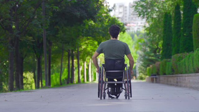 Adult man in a wheelchair goes along the road.
Disabled young man walking alone among trees in city park.
