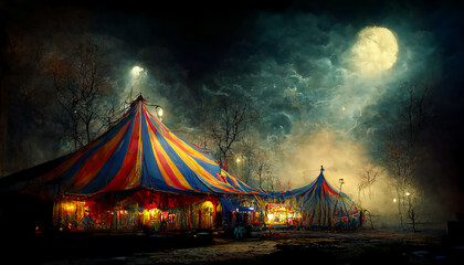 halloween haunted circus at night, created with generative ai - obrazy, fototapety, plakaty