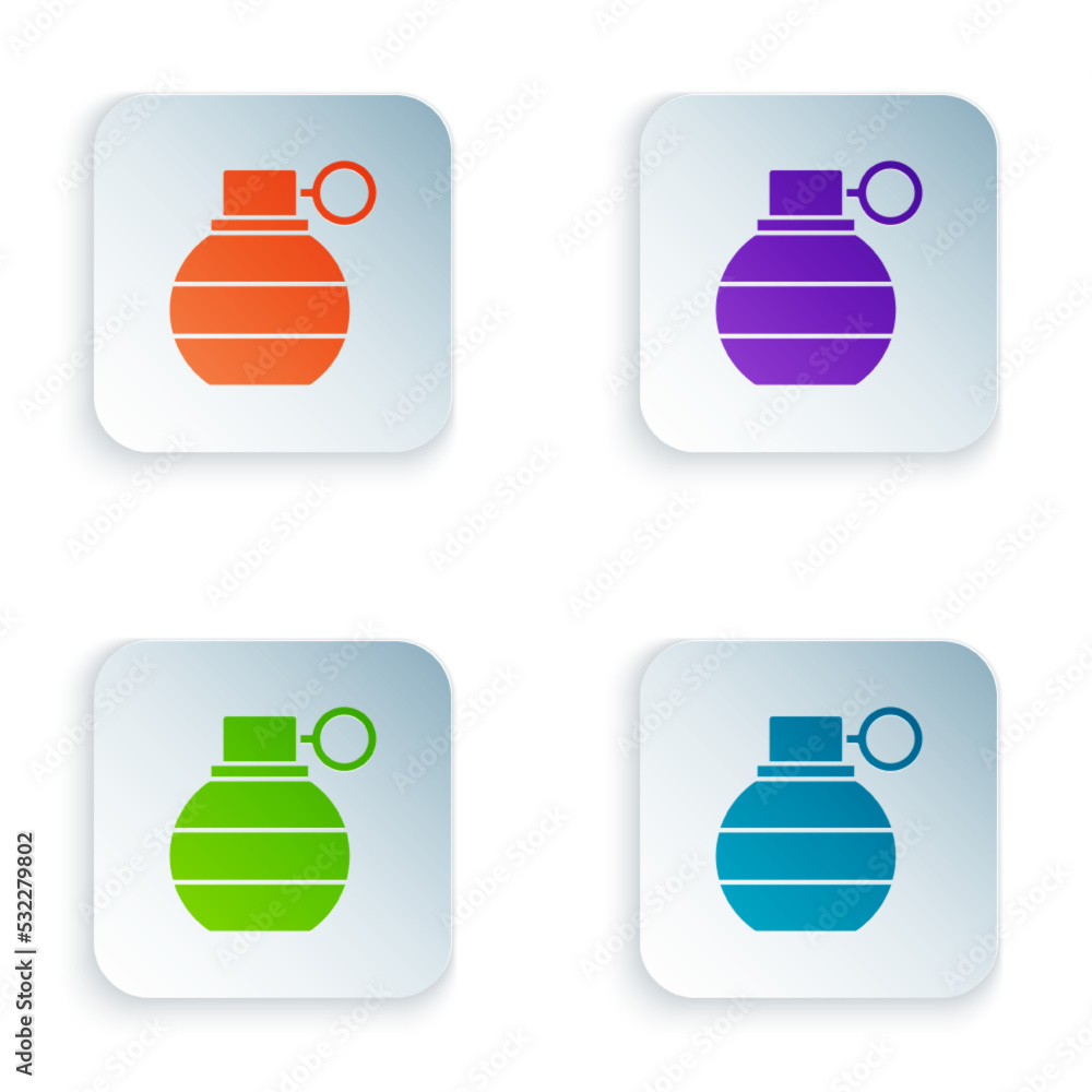 Poster color hand grenade icon isolated on white background. bomb explosion. set colorful icons in square b