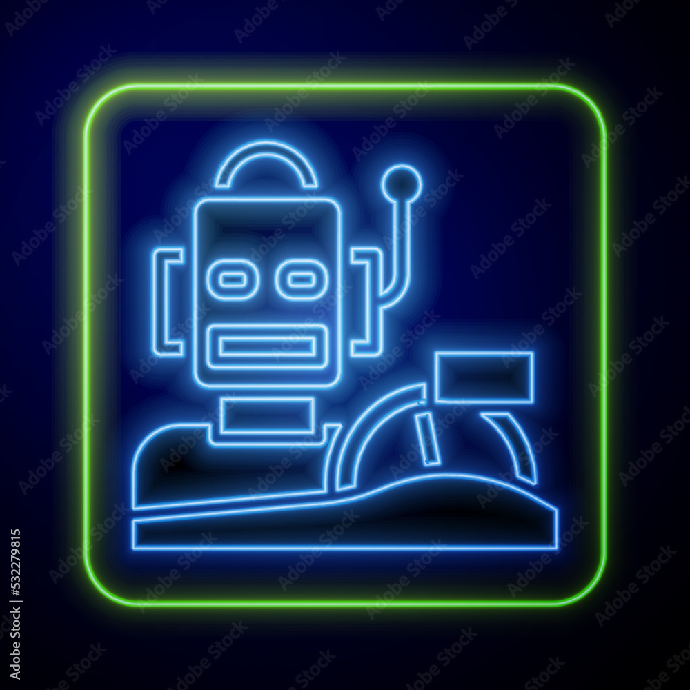 Poster glowing neon robot humanoid driving a car icon isolated on blue background. artificial intelligence,