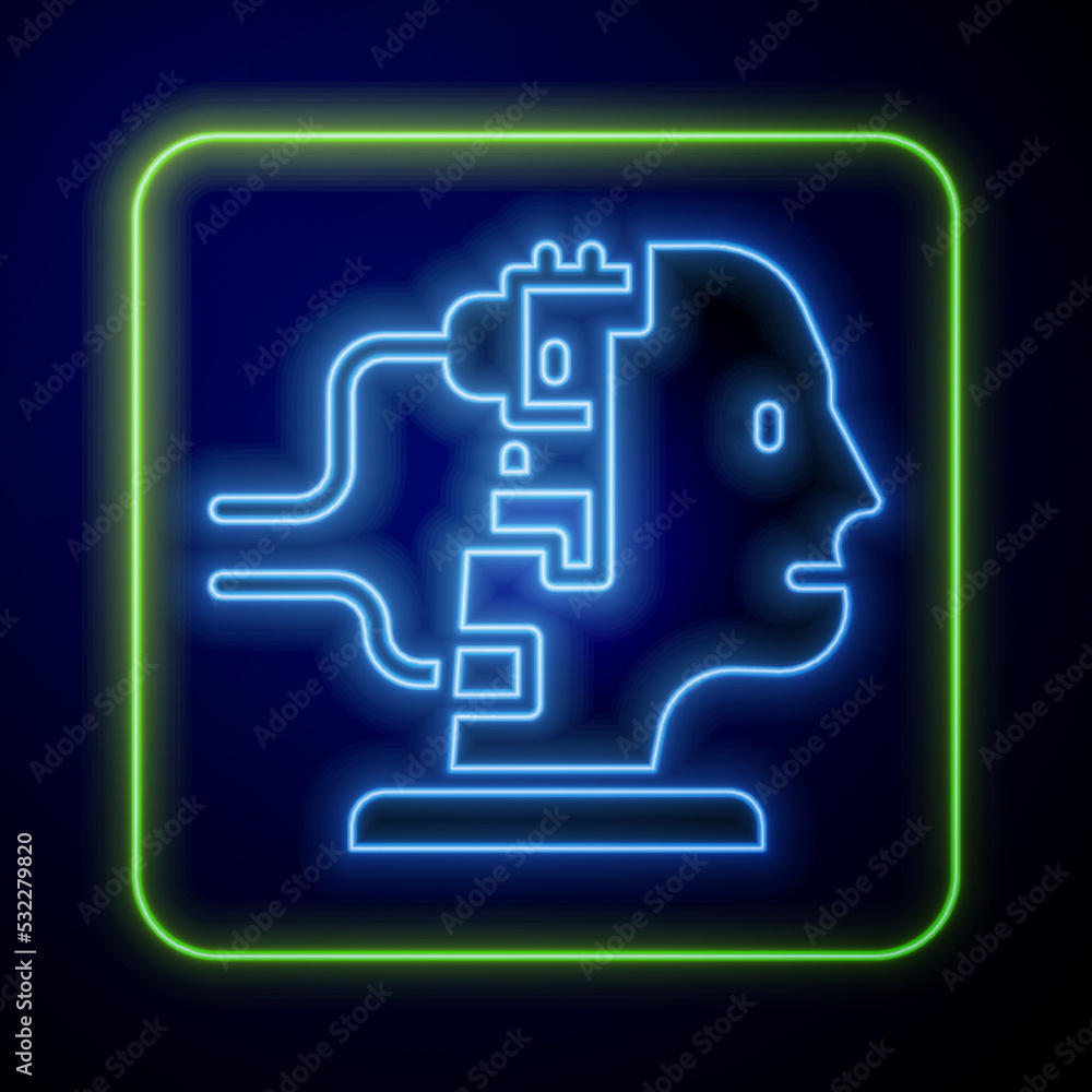 Poster glowing neon robot connected for maintenance icon isolated on blue background. artificial intelligen