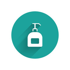 White Bottle of liquid antibacterial soap with dispenser icon isolated with long shadow. Antiseptic. Disinfection, hygiene, skin care. Green circle button. Vector