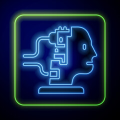 Glowing neon Robot connected for maintenance icon isolated on blue background. Artificial intelligence, machine learning, cloud computing. Vector