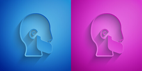 Paper cut Mustache and beard icon isolated on blue and purple background. Barbershop symbol. Facial hair style. Paper art style. Vector