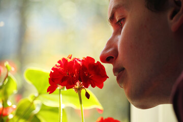 Young man smelling red flower on a window background. Pavel Kubarkov, red flower and my face. Photo was taken 10 September 2022 year, MSK time in Russia. - 532280082
