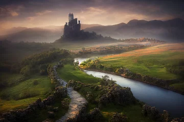 Foto op Canvas Fantasy illustration landscape, stone path, castle in the backround © Mikiehl Design