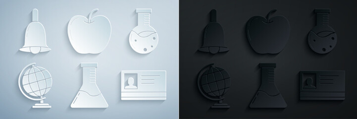 Set Test tube and flask chemical laboratory, Earth globe, Identification badge, Apple and Ringing bell icon. Vector