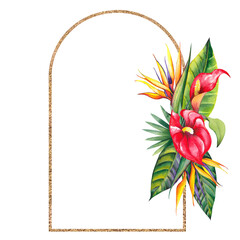 Naklejka premium Tropical frame with red lily and strelitzia flowers. Watercolor illustration on white background.