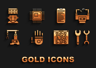Set Mechanical robot hand, Assembly line, Spanner, Global technology or social network, Computer api interface, Robot and Processor with microcircuits CPU icon. Vector