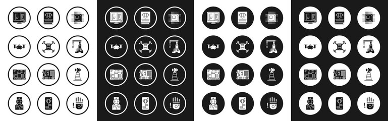 Set Processor with microcircuits CPU, Drone flying action camera, Computer monitor screen, Assembly line, User manual, Antenna and Printed board PCB icon. Vector