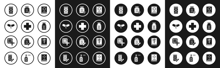 Set Medical book, Cross hospital medical, Medicine pill or tablet, bottle, and pills, and Pills blister pack icon. Vector