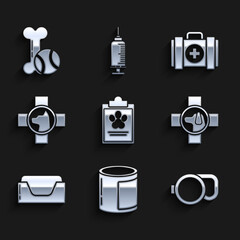 Set Clipboard with medical clinical record pet, Canned food, Retractable leash, Veterinary symbol, Pet bed, first aid kit and toys bone rubber and ball icon. Vector