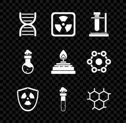 Set DNA symbol, Radioactive, Test tube flask on stand, in shield, chemical, Chemical formula, and Alcohol spirit burner icon. Vector