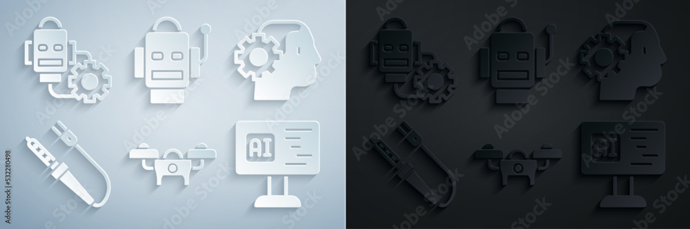 Poster set drone, humanoid robot, soldering iron, software, robot and setting icon. vector