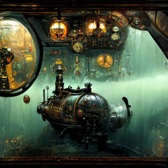 Steampunk fantasy:  adventure and exploration of the depth of the sea with submarine and bathyscaphe