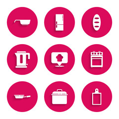 Set Chef hat with location, Cooking pot, Cutting board, Oven, Frying pan, Electric kettle, Bread loaf and icon. Vector