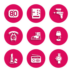 Set Sport sneakers, Radio with antenna, Wrist watch, Floor lamp, Lipstick, Telephone handset, Ray gun and 80s Retro icon. Vector