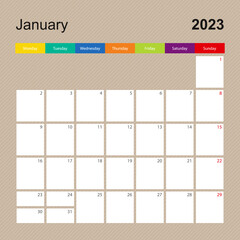 Calendar page for January 2023, wall planner with colorful design. Week starts on Monday.