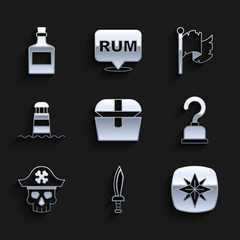 Set Antique treasure chest, Pirate sword, Wind rose, hook, captain, Lighthouse, flag and Alcohol drink Rum icon. Vector