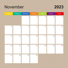 Calendar page for November 2023, wall planner with colorful design. Week starts on Monday.