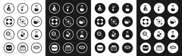 Set Test tube, Atom, Molecule, with toxic liquid, and Microorganisms under magnifier icon. Vector
