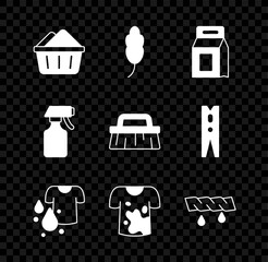 Set Basin with soap suds, Feather, Laundry detergent, Dirty t-shirt, Squeeze clothes, Water spray bottle and Brush for cleaning icon. Vector
