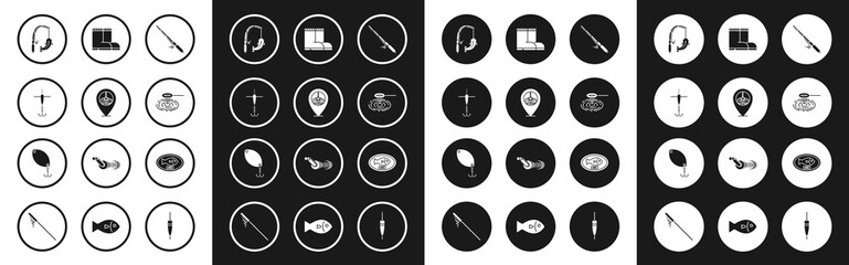 Set Fishing rod, Location fishing, hook and float, net water, boots, trophy hanging the board and spoon icon. Vector