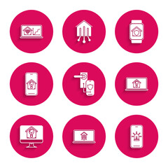 Set Digital door lock with wireless technology for lock, Laptop smart home, Mobile phone house and alarm, light bulb, Computer monitor, Smart watch under protection and wi-fi icon. Vector