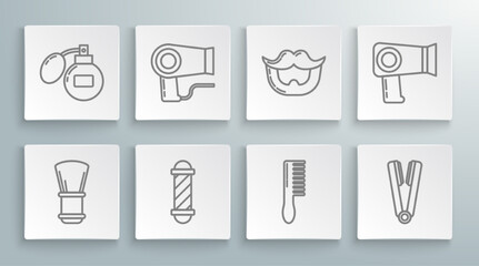 Set line Shaving brush, Hair dryer, Classic Barber shop pole, Hairbrush, Curling iron for hair, Mustache and beard, and Aftershave icon. Vector