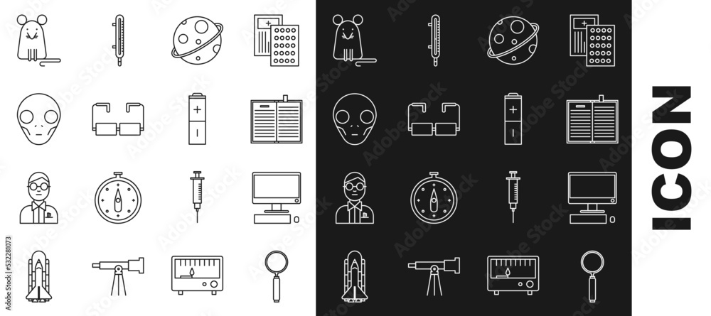 Sticker Set line Magnifying glass, Computer monitor with keyboard and mouse, Open science book, Planet, Glasses, Extraterrestrial alien face, Rat and Battery icon. Vector