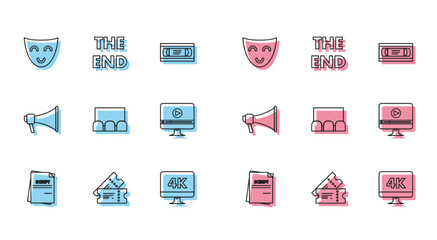 Set line Scenario, Cinema ticket, Comedy theatrical mask, Computer PC monitor with 4k video technology, Online play, Megaphone and The End handwritten inscription icon. Vector