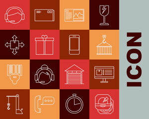 Set line Pizza in cardboard box, Computer monitor with app delivery tracking, Container crane, Postcard, Gift, Cardboard traffic symbol, Support operator touch and Mobile phone icon. Vector